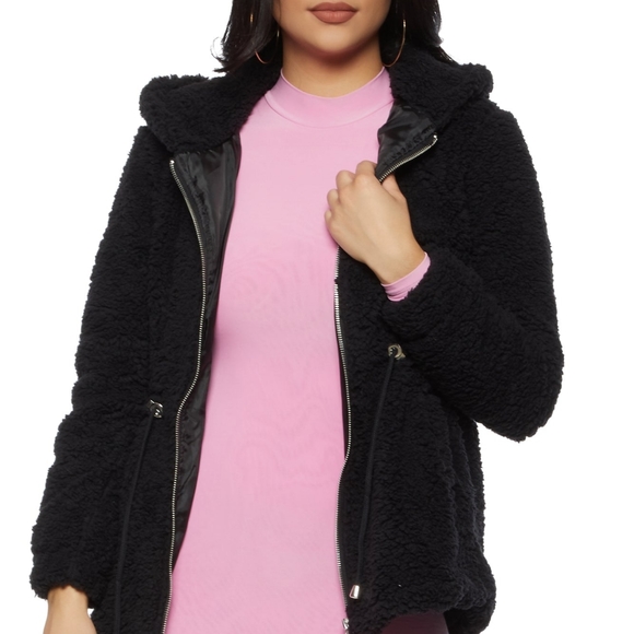 Sherpa Hooded Jacket in Black - Picture 1 of 9